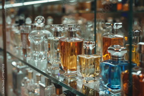 Assorted luxury perfume bottles displayed on reflective glass shelves
