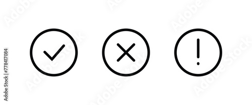 Tick, cross, exclamation mark signs. Green checkmark OK red X, Circle symbols YES NO button for vote, Check box list. line icons set, editable stroke isolated on white, linear  photo