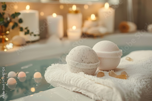 Assortment of luxurious bath bombs and salts on towel next to candlelit bathtub