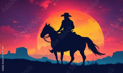 Cowboy on horseback in desert at sunset  under a painted sky