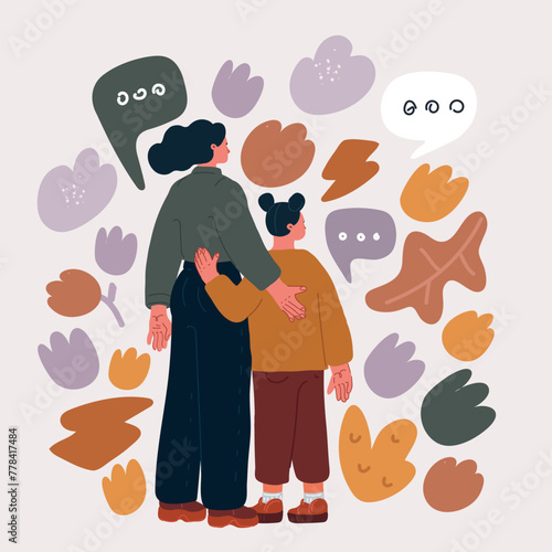 Cartoon vector illustration of Studio shot of mother and daughter pointing at something, rear view