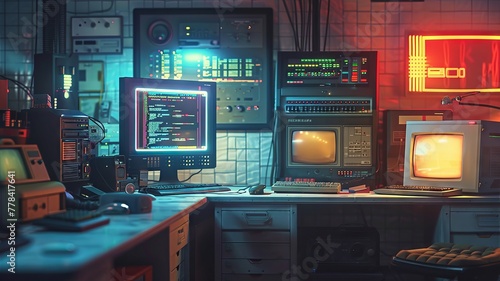 Retro computer tech with vibrant screen display in a digital room