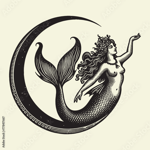 Beautiful mermaid . Engraving vintage vector illustration, monochrome black color. Woodcut