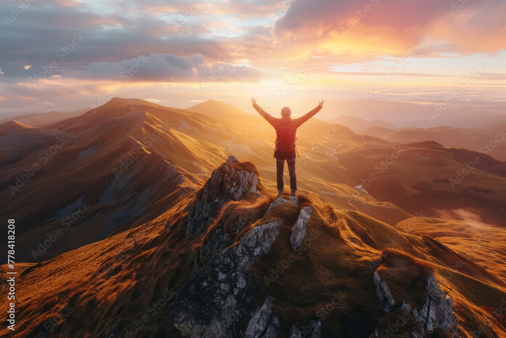Triumphant person standing with arms raised on a mountain peak at sunset