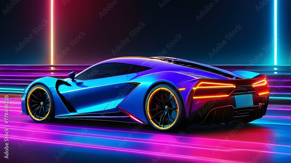 Neon Highway Speed: Futuristic Sports Car with Colorful Lights Trail on High-Speed Acceleration in Urban Nightlife and Technological Futurism