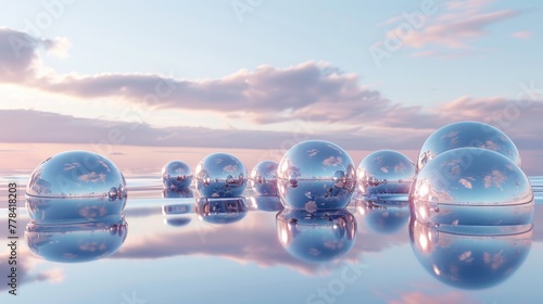 In this 3D render  there is an abstract futuristic background  panoramic landscape  fantastic landscape with shiny chrome balls and silver spheres inside the calm water  under a blue gradient sky.