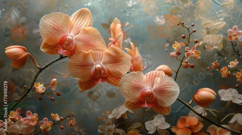   A close-up of a group of flowers with orange and pink petals in the foreground and a blurred background