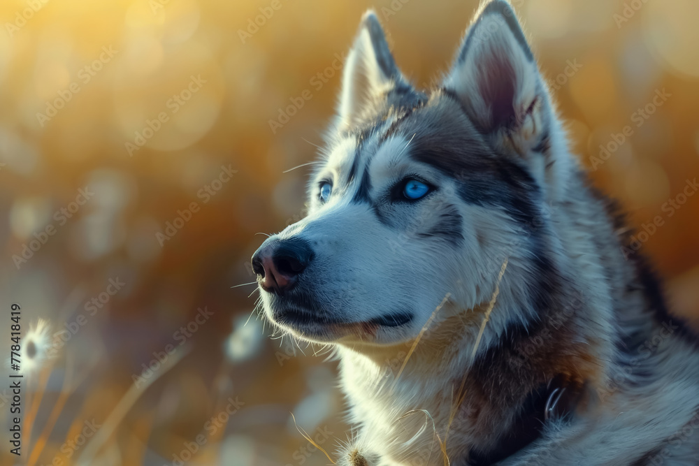 Portrait of Siberian Husky with striking blue eyes against an autumnal backdrop Portrait of Siberian Husky with striking blue eyes against an autumnal backdrop