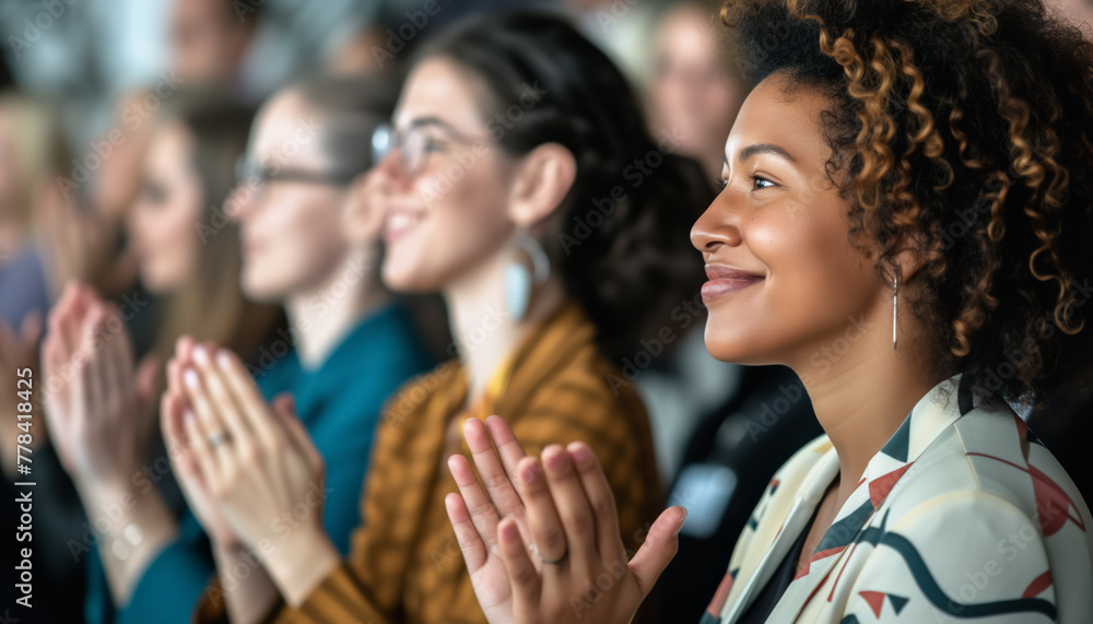 Obraz premium Group of diverse young women applauding, clapping hands at successful meeting or presentation. Generative AI