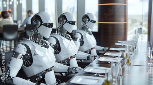 Wallpaper Mural Robotic figures intermingled with office workers during a casual break in a contemporary canteen setting, representing the impact of ai on job roles Torontodigital.ca