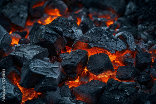 Glowing embers and shards of coal scattered on the rocky ground of a dark cave