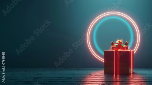 3D render of a neon ring levitated over a blue background. Modern minimalist wallpaper for Christmas.