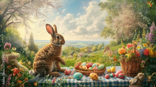 Under the clear blue sky, the rabbit sits on a picnic table surrounded by Easter eggs and lush green grass. The natural beauty of the scene resembles a piece of art in nature AIG42E