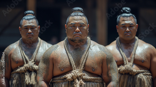 Sumo Wrestlers Ceremony: Before a match begins, sumo wrestlers perform a ceremonial ritual to purify the ring and invoke the blessings of the gods. Clad in traditional loincloths a photo
