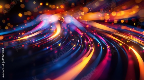 Luminous colored lights blur and swirl on a black background.