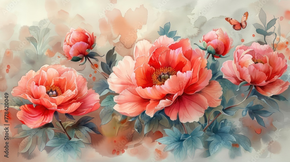 Watercolor illustration of pink peonies with butterflies on the petals