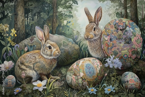 A rabbit, possibly a Mountain Cottontail or Audubons Cottontail, is nestled in the grass among Easter eggs, resembling a scene from a painting AIG42E photo