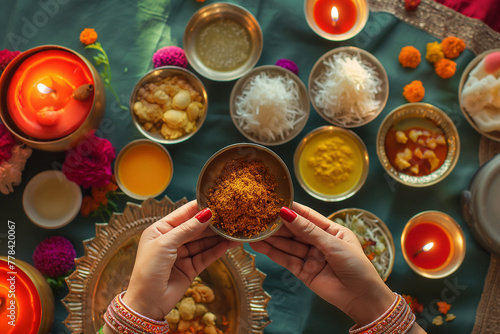 A woman holds a bowl of spices in front of a table with many bowls of food
