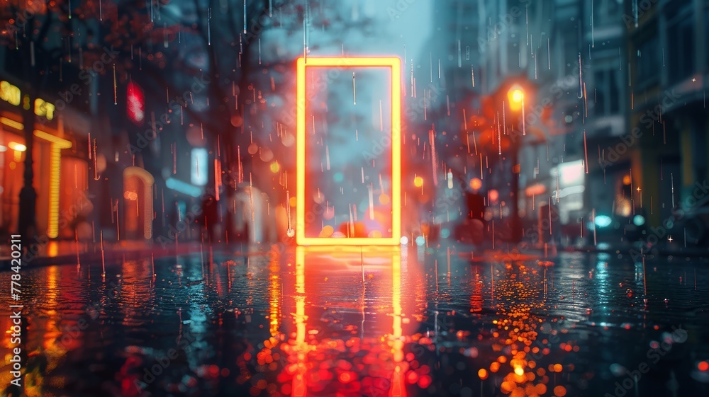Fototapeta premium Evening drizzle in a cityscape, surrounded by the ambient light of a neon rectangle