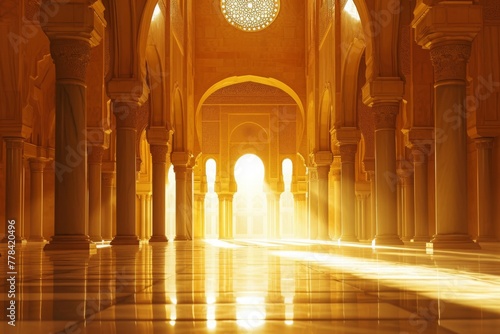 An image of a hallway featuring columns and a clock mounted on the wall  A mosque bathed in warm golden light  symbolizing spiritual enlightenment  AI Generated