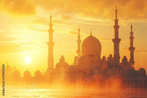 The sun descends in the sky, casting warm hues over a sprawling building, A mosque bathed in warm golden light, symbolizing spiritual enlightenment, AI Generated
