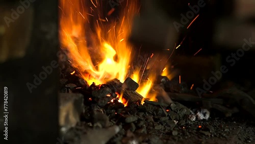 Blacksmith with Tongs Moves an Iron Bar in the Burning Coals of the Forge. A Blacksmith is a Metalsmith Who Creates Objects Primarily from Wrought Iron or Steel, but Sometimes From Other Metals.