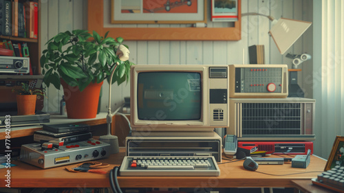 Classic electronic devices arranged in a 1980s style virtual space