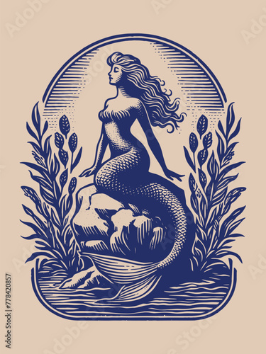 Beautiful mermaid sitting on a stone sitting on a stone between seaweed. Engraving vintage vector illustration, monochrome old eblem. Woodcut. Blue and beige