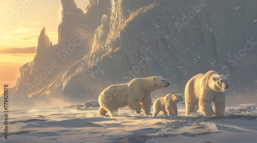 A family of polar bears traversing the frozen tundra at the base of an ice mountain, their fur glistening in the soft light of the setting sun as they search for food amidst the snow and ice. photo