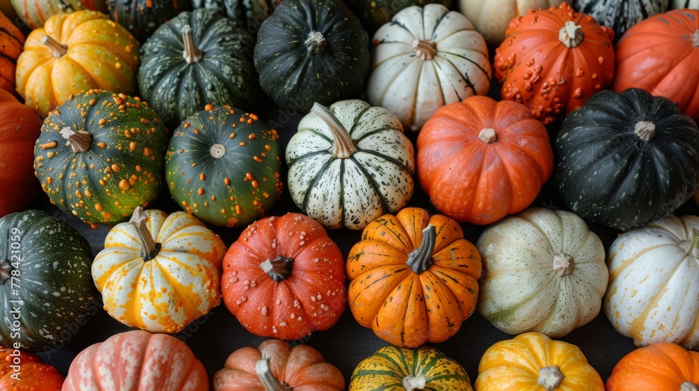   A cluster of pumpkins perched atop a stack of diverse gourds