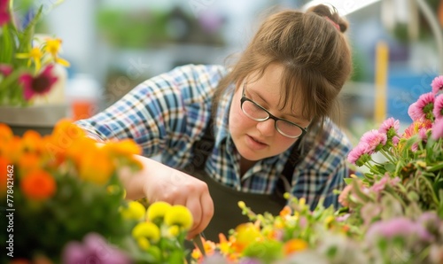 Portrait of a committed employee with Down's syndrome working in florist's shop, nice photograph of a young lady with handicap at work, a flower among flowers, beautiful illustration of inclusivity