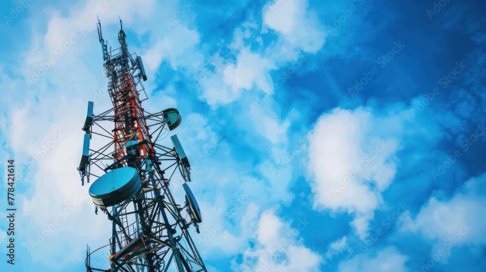 Telecommunications tower and satellite dish telecom network at sunset Telecommunications tower and satellite dish telecom network at sunset