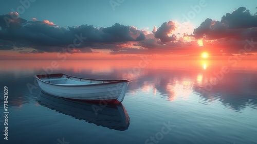  A dinghy bobbing atop a vast lake beneath an overcast heavens and a distant sun