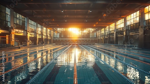 Crisp morning light casting on a serene competition swimming pool photo