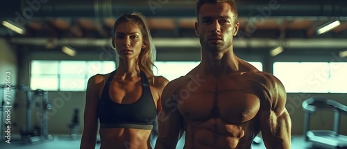 Fit Duo Showcasing Strength in Gym. Concept Strength, Gym, Fitness, Workout, Duo