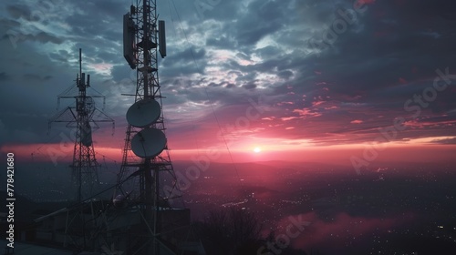 Telecommunications tower and satellite dish telecom network at sunset photo
