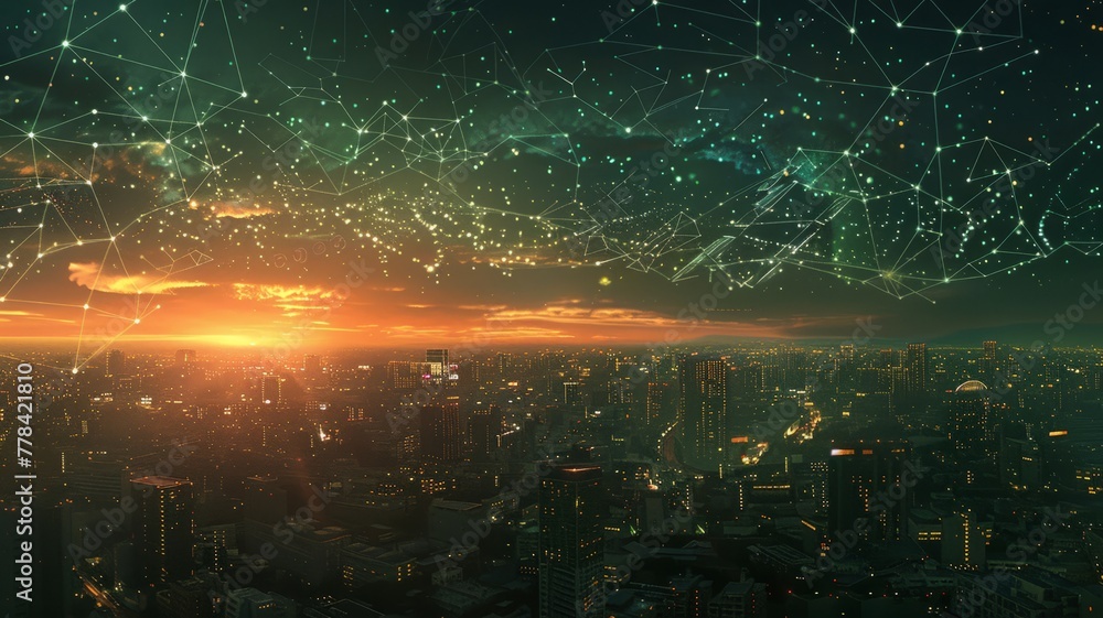 Night falls on an urban horizon featuring abstract symbols of network technology Night falls on an urban horizon featuring abstract symbols of network technology