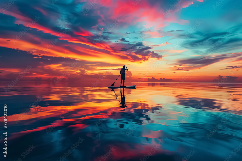 Silhouette of a person stand-up paddleboarding on calm waters with vibrant sunset sky