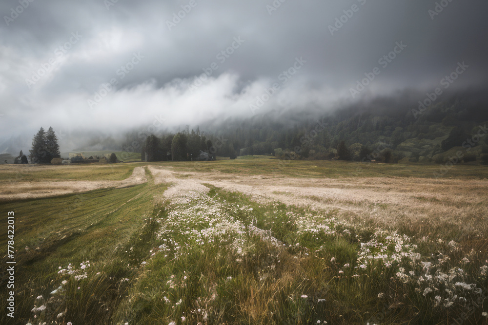 A soft mist hangs low over a green field, creating a peaceful natural landscape