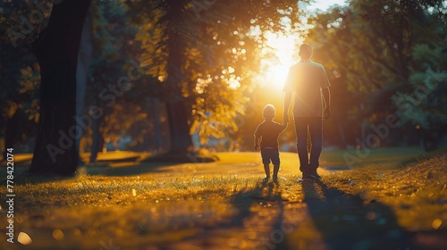 Man and Child Walking Through Field at Sunset