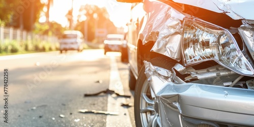 Close-up of a car's smashed front after a traffic collision, with sunlit road and vehicles in background.