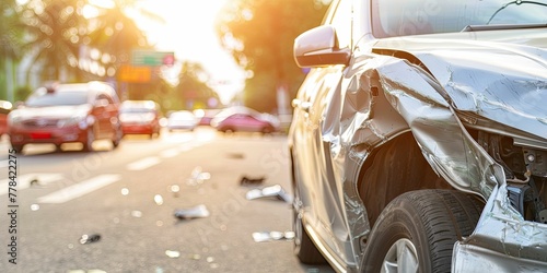 The aftermath of a car accident on a sunlit suburban road, highlighting the vehicle damage and road debris. photo
