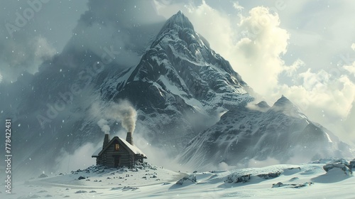 A solitary cabin nestled in the shadow of a towering ice mountain, its smokestacks billowing plumes of smoke into the crisp mountain air as its inhabitants huddle against the cold.