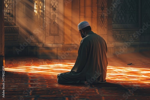 A man wearing casual attire sits on the ground, positioned in front of a doorway, A Muslim man performing the Tarawih prayer, AI Generated photo