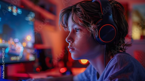 Young Boy With Headphones at Computer