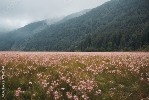 A vibrant carpet of pink wildflowers stretches across a green meadow with snow-capped mountains in the distance