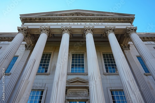 A photograph showcasing the frontal view of a building adorned with columns and a multitude of windows, A Neoclassical courthouse with massive columns, AI Generated