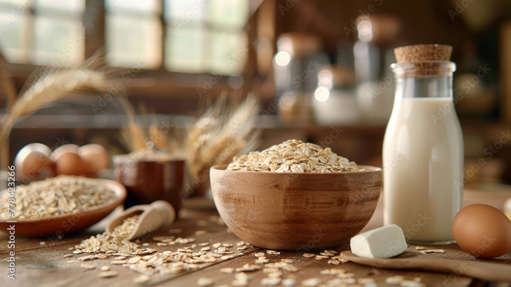 Healthy breakfast scene with oats and dairy in warm tones Healthy breakfast scene with oats and dairy in warm tones
