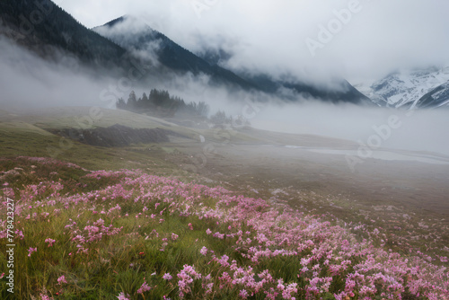 A vibrant spring meadow bursts with colorful wildflowers beneath a dramatic mountain landscape of snow-capped peaks and fluffy clouds