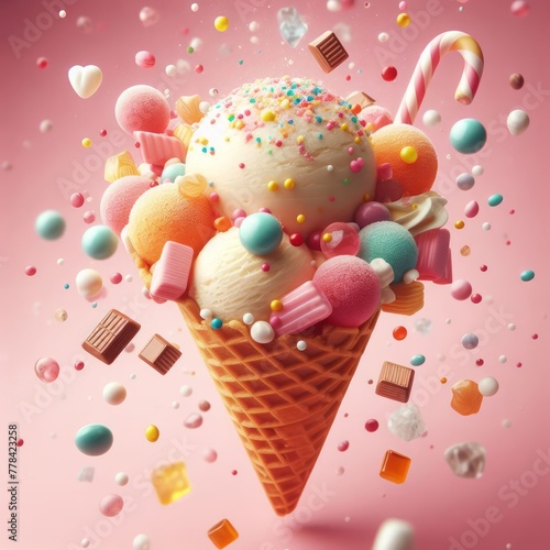 Delicious waffle cone with different favor ice creams sundae. Flying candies and sweets with colorful ice cream scoops in cone, bright background